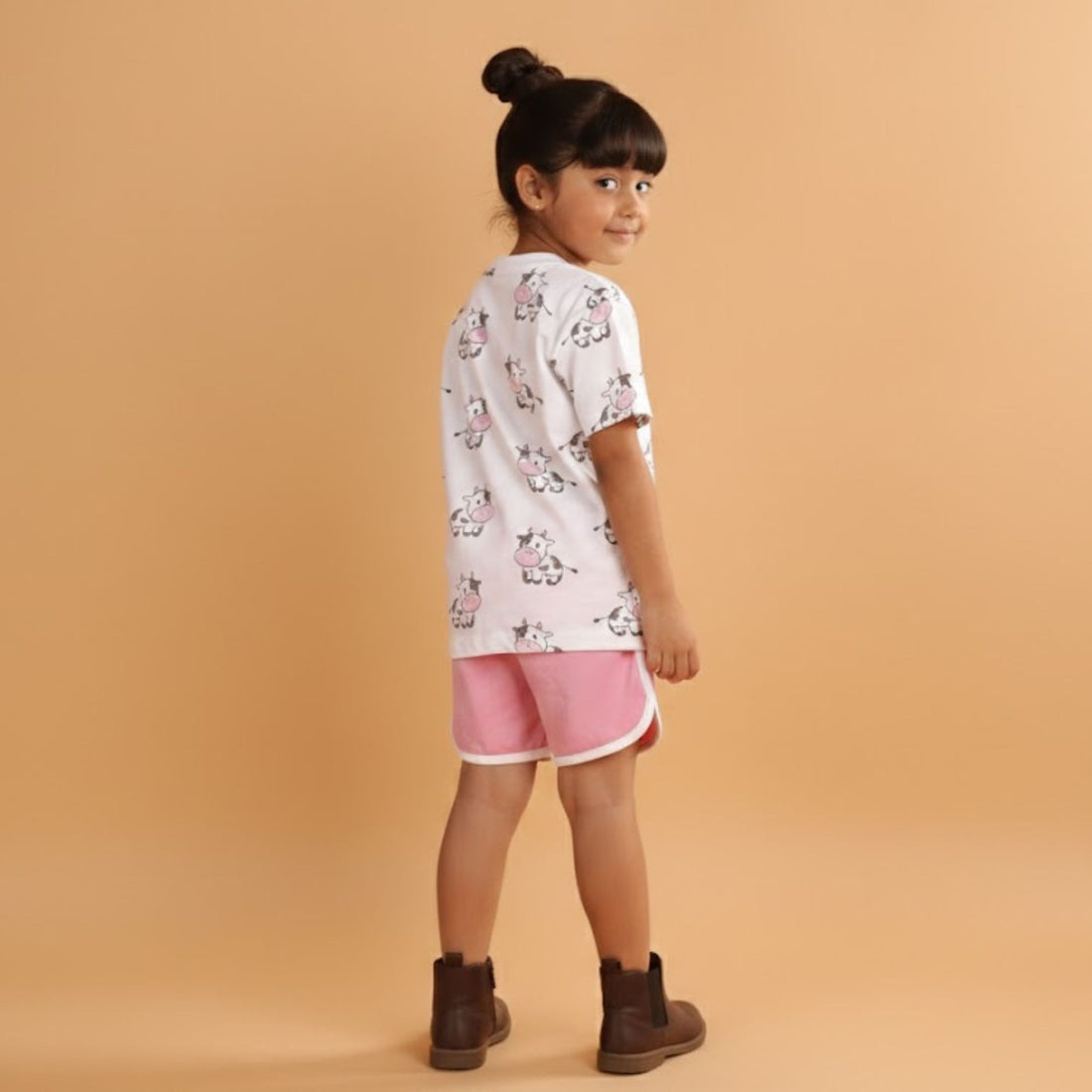 Girl Cow Print Short Sleeve Cotton T-Shirt & Shorts Set