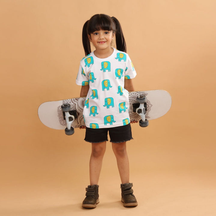 Girl - Elephant Print Short Sleeve Cotton T-Shirt & Shorts Set