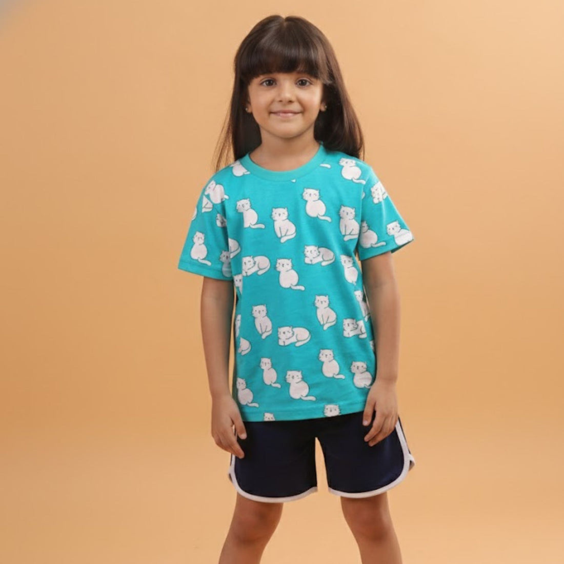 Girl Cat Print Short Sleeve Cotton T-Shirt & Shorts Set
