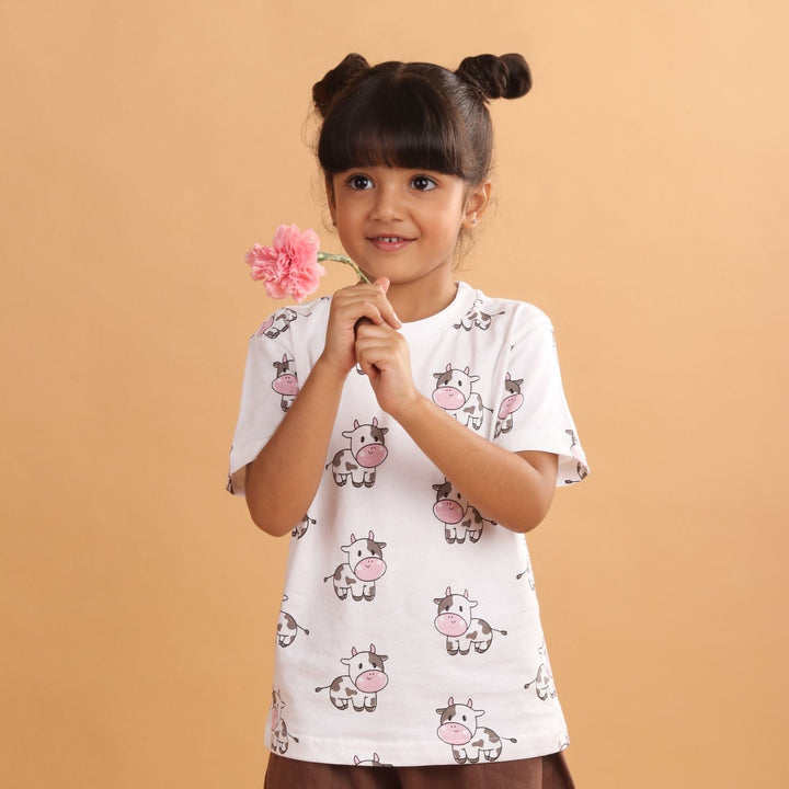 Girl - Cow Print Short Sleeve Cotton T-Shirt & Shorts Set
