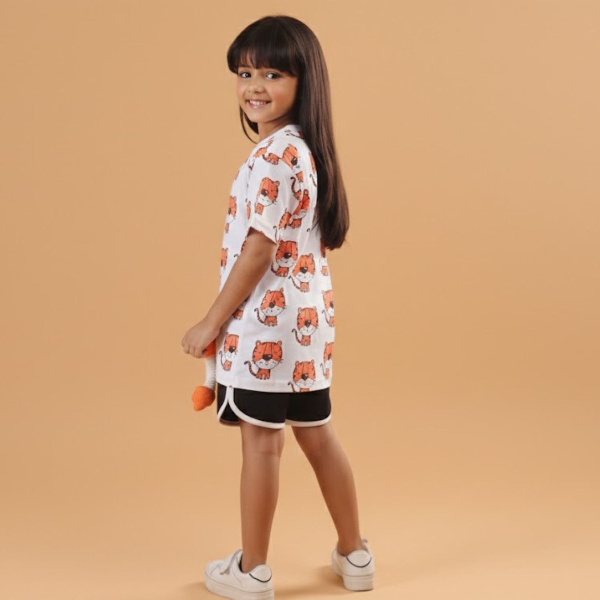 Girl Tiger Print Short Sleeve Cotton T-Shirt & Shorts Set