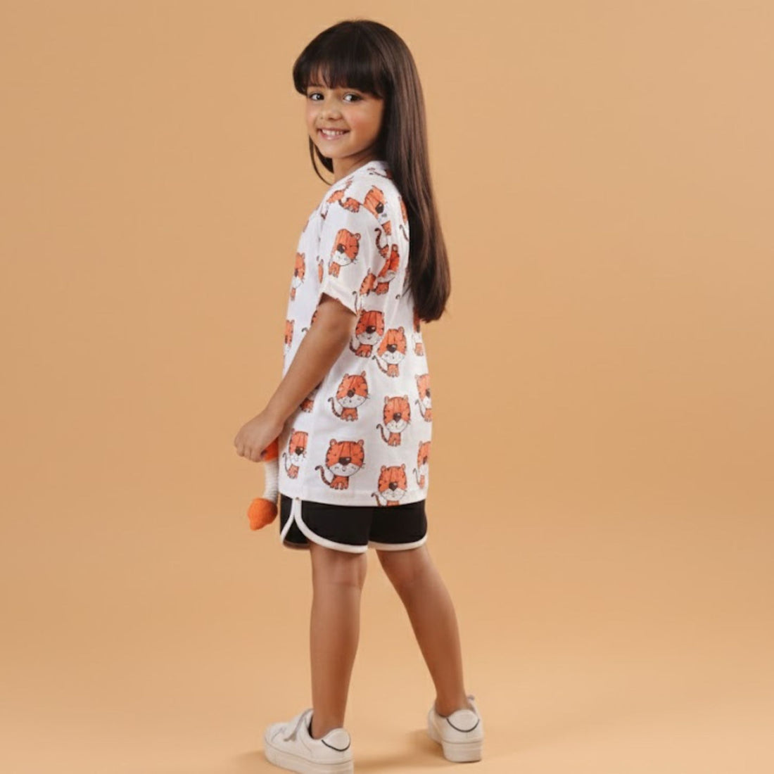 Girl Tiger Print Short Sleeve Cotton T-Shirt & Shorts Set