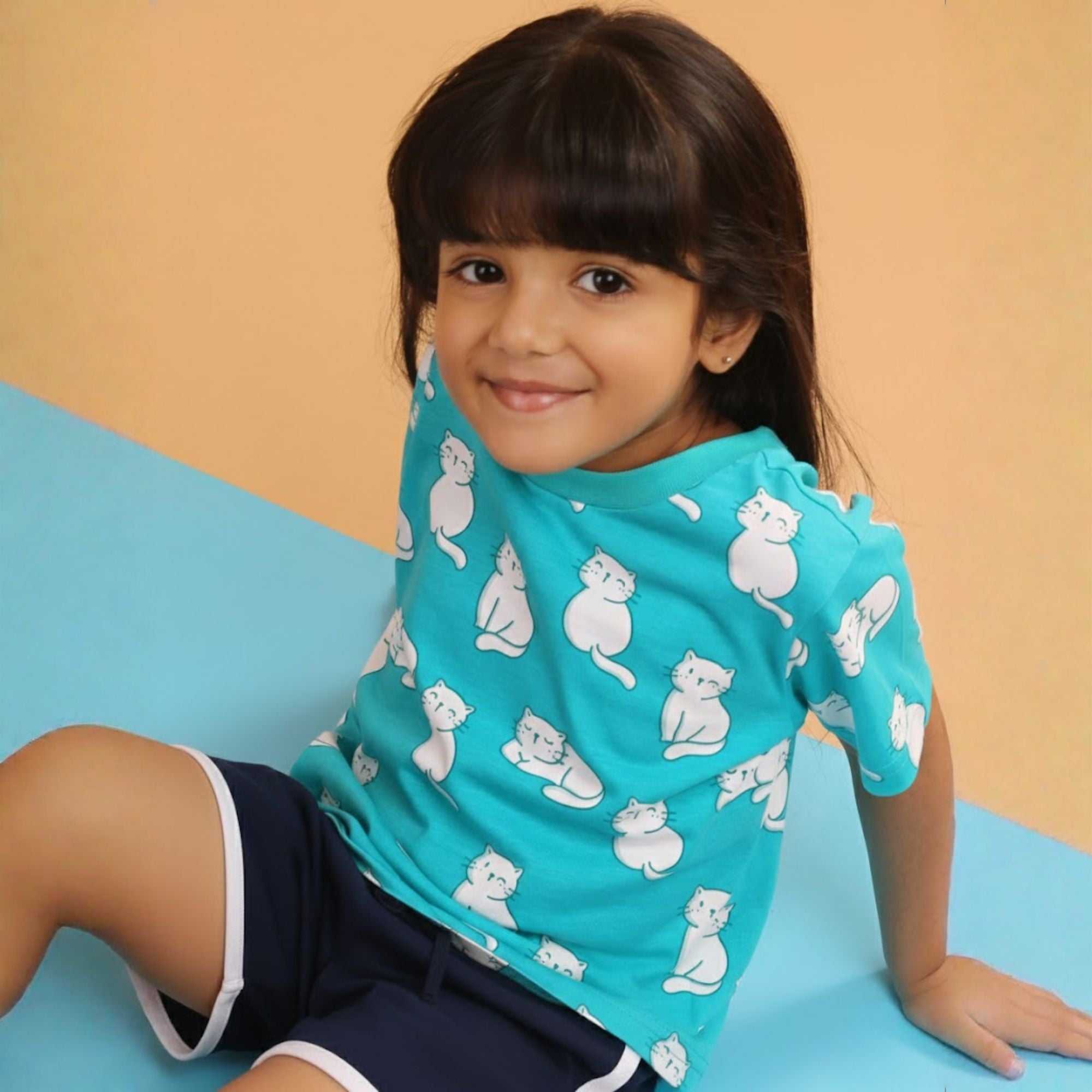 Girl Cat Print Short Sleeve Cotton T-Shirt & Shorts Set