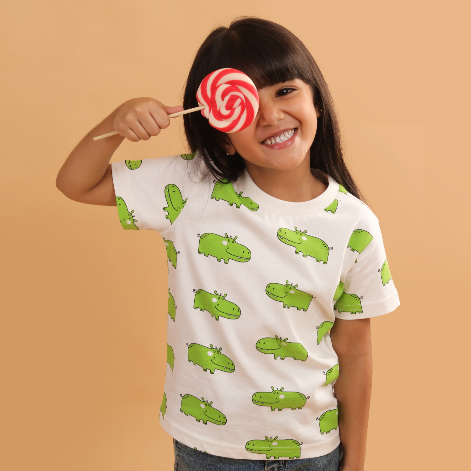 Girl - Hippo Print Short Sleeve Cotton T-Shirt & Shorts Set