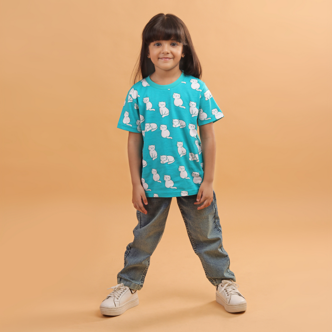 Girl - Cat Print Short Sleeve Cotton T-Shirt & Shorts Set