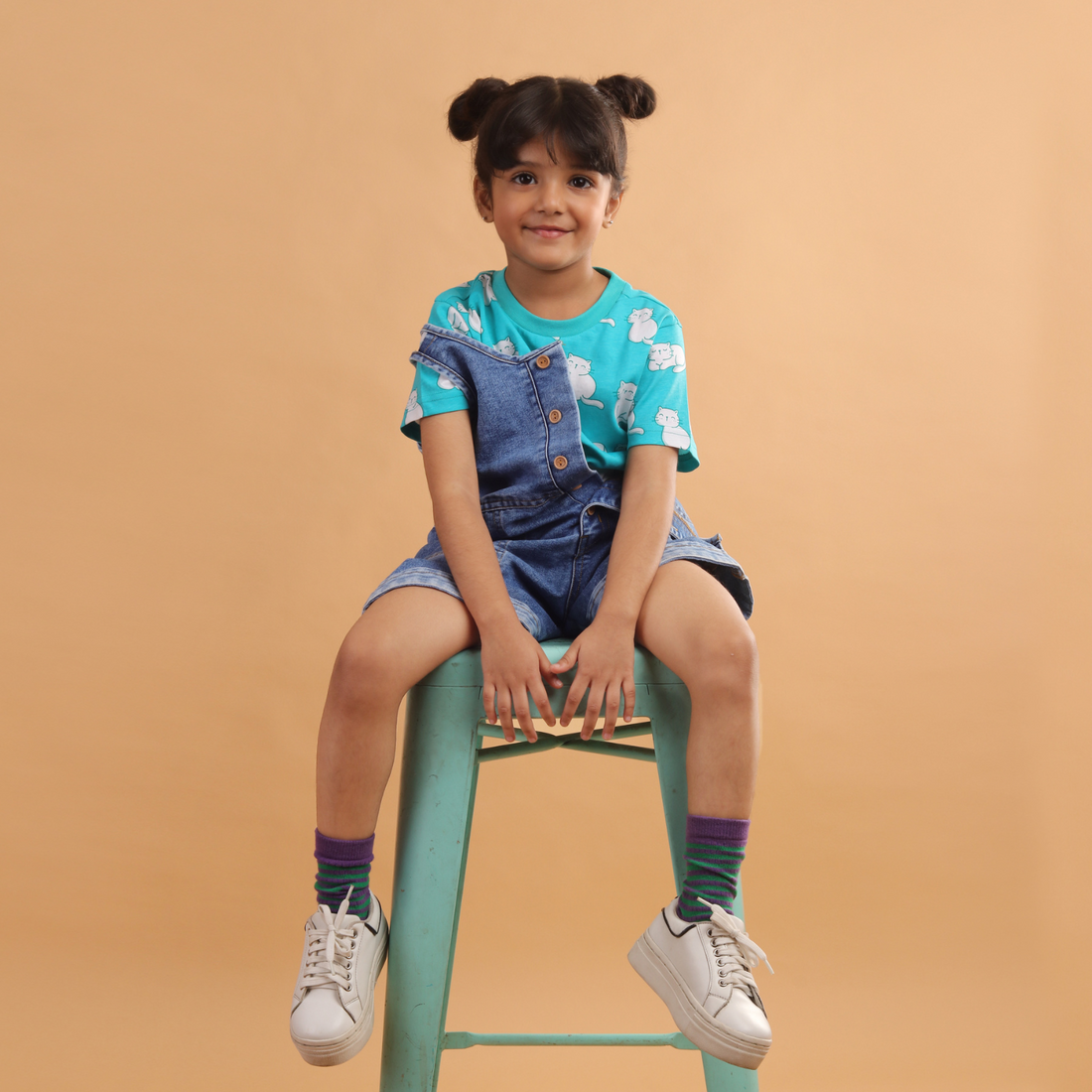 Girl - Cat Print Short Sleeve Cotton T-Shirt & Shorts Set