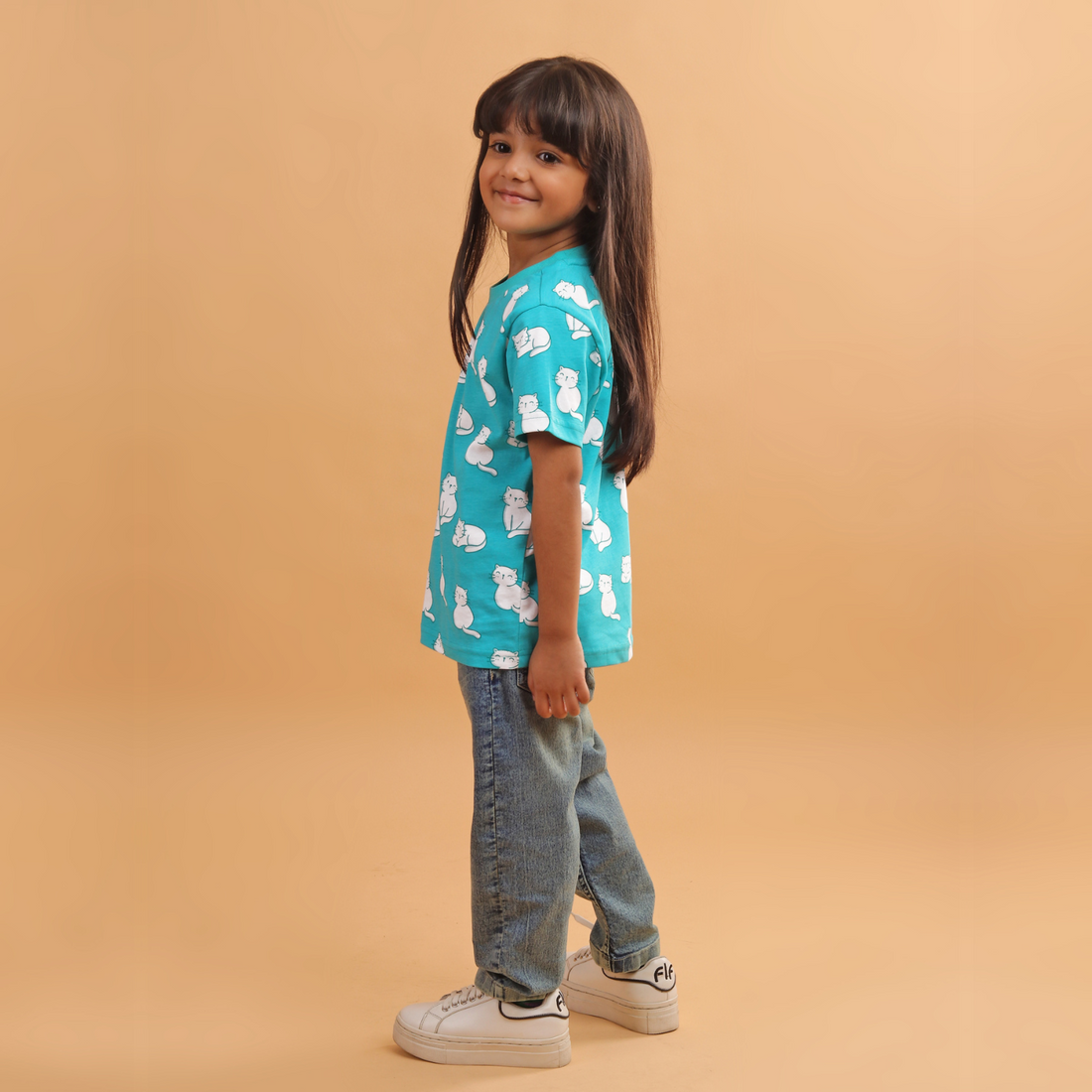 Girl - Cat Print Short Sleeve Cotton T-Shirt & Shorts Set