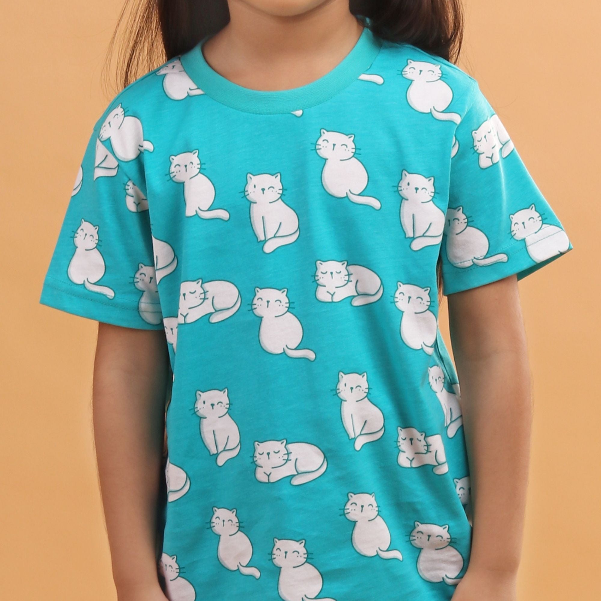 Girl Cat Print Short Sleeve Cotton T-Shirt & Shorts Set
