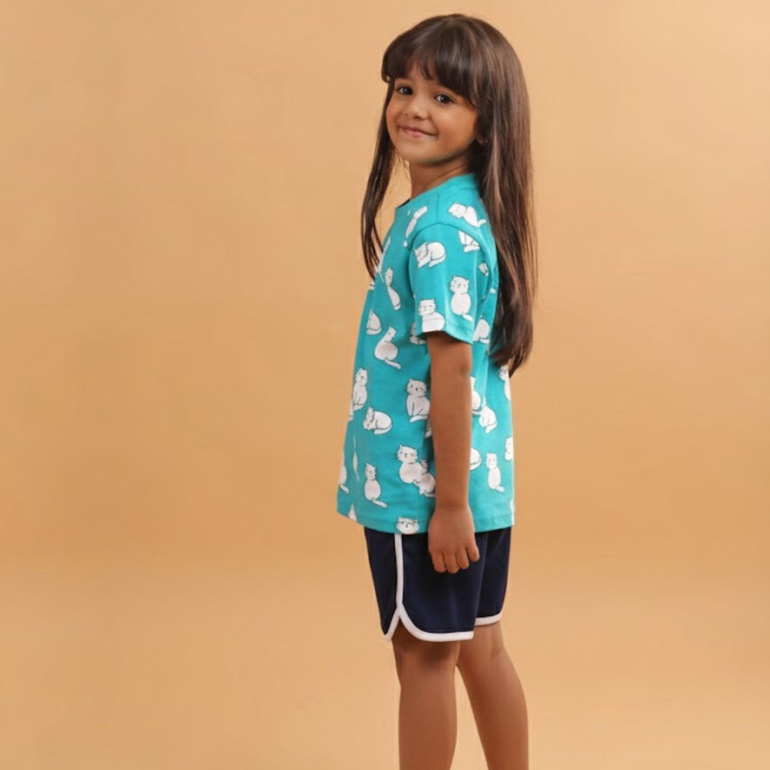 Girl Cat Print Short Sleeve Cotton T-Shirt & Shorts Set