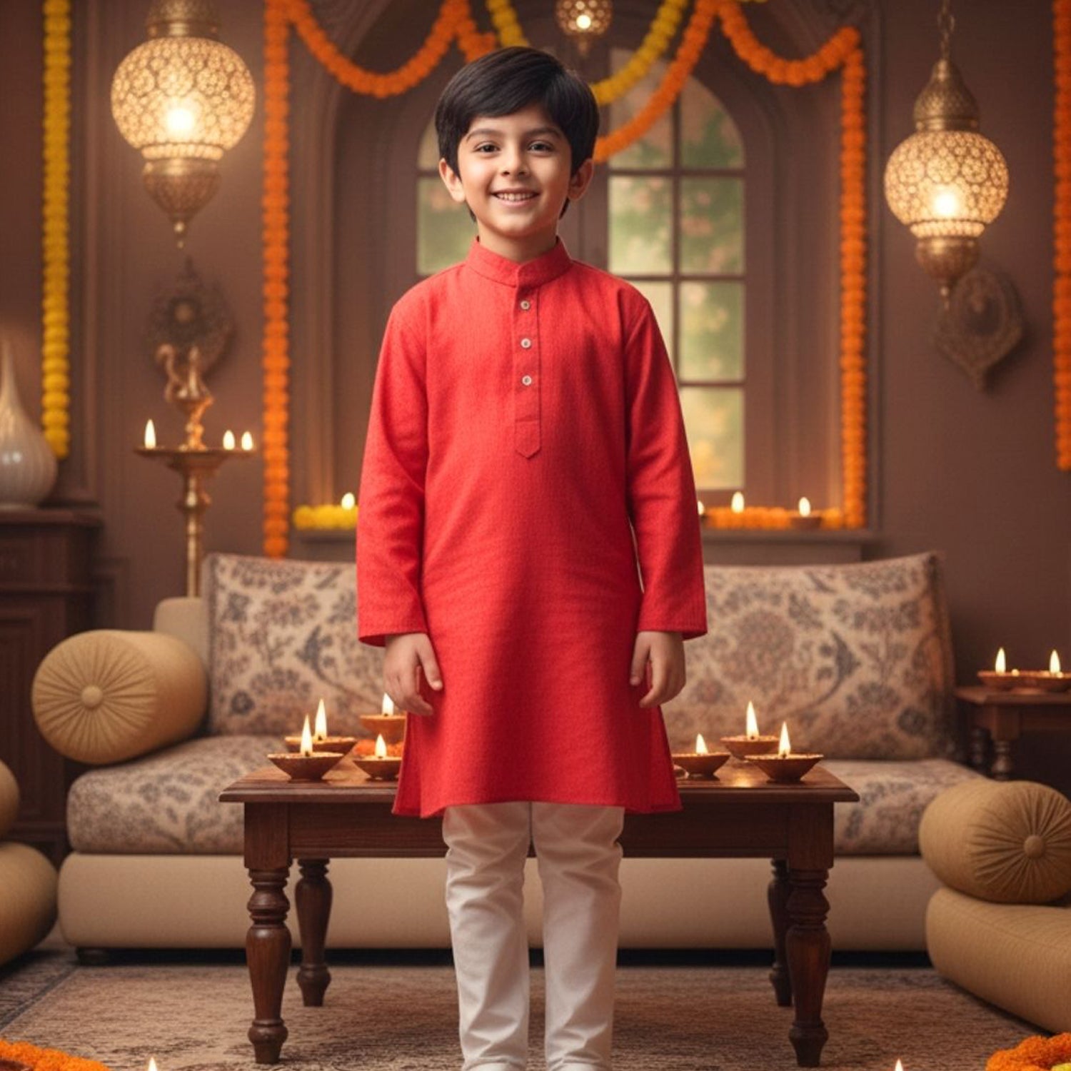Orange Cotton Dobby Jaal Kurta