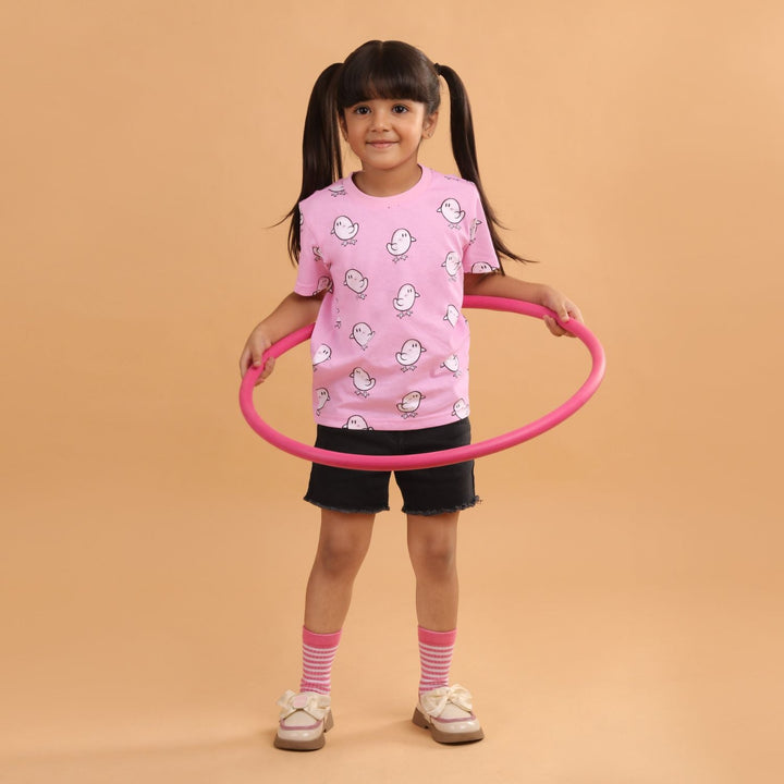 Girl - Duck Print Short Sleeve Cotton T-Shirt & Shorts Set