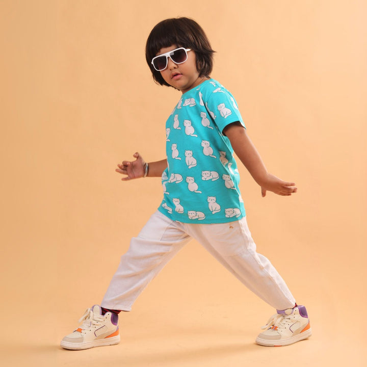 Girl - Cat Print Short Sleeve Cotton T-Shirt & Shorts Set