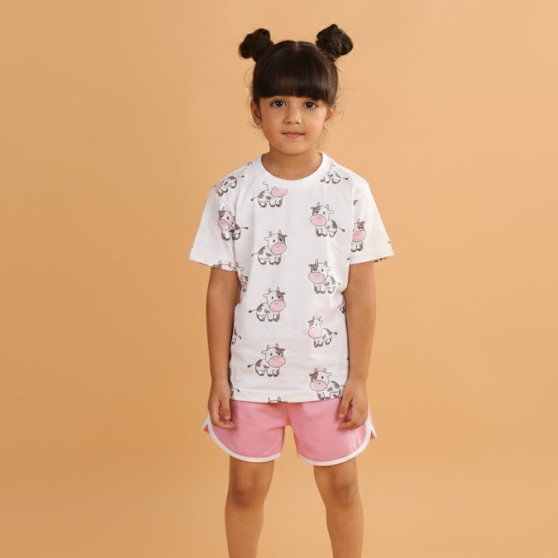 Girl Cow Print Short Sleeve Cotton T-Shirt & Shorts Set