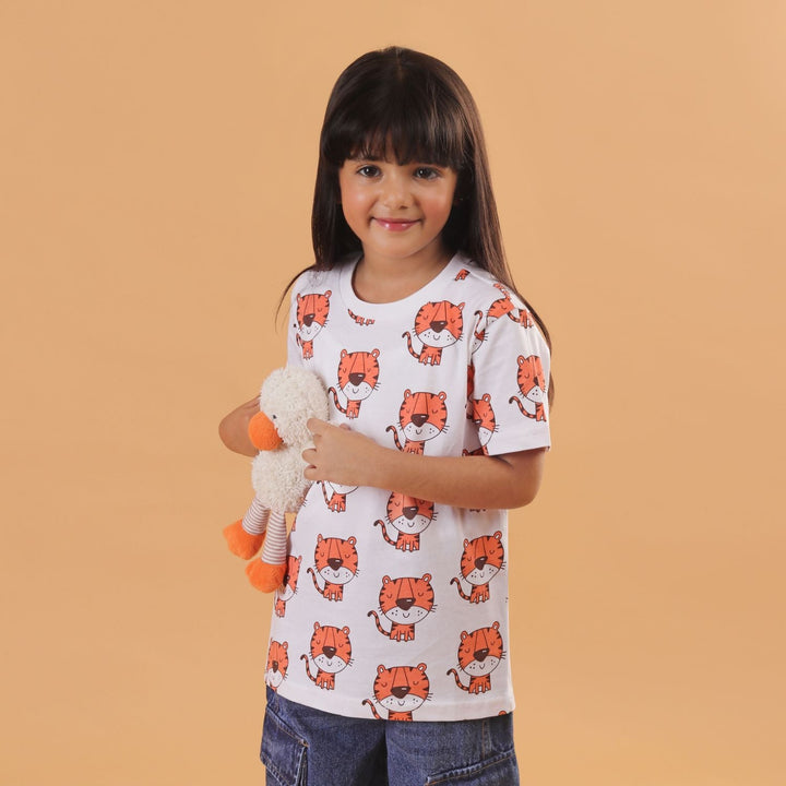 Girl - Tiger Print Short Sleeve Cotton T-Shirt & Shorts Set