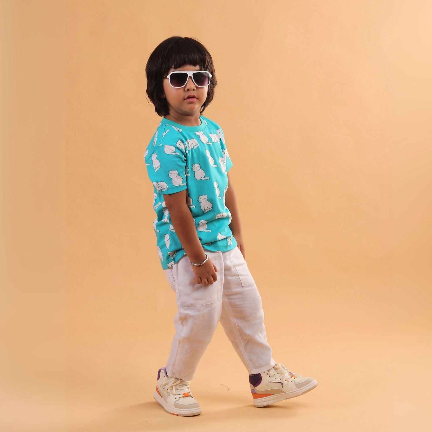 Boy - Cat Print Short Sleeve Cotton T-Shirt & Shorts Set
