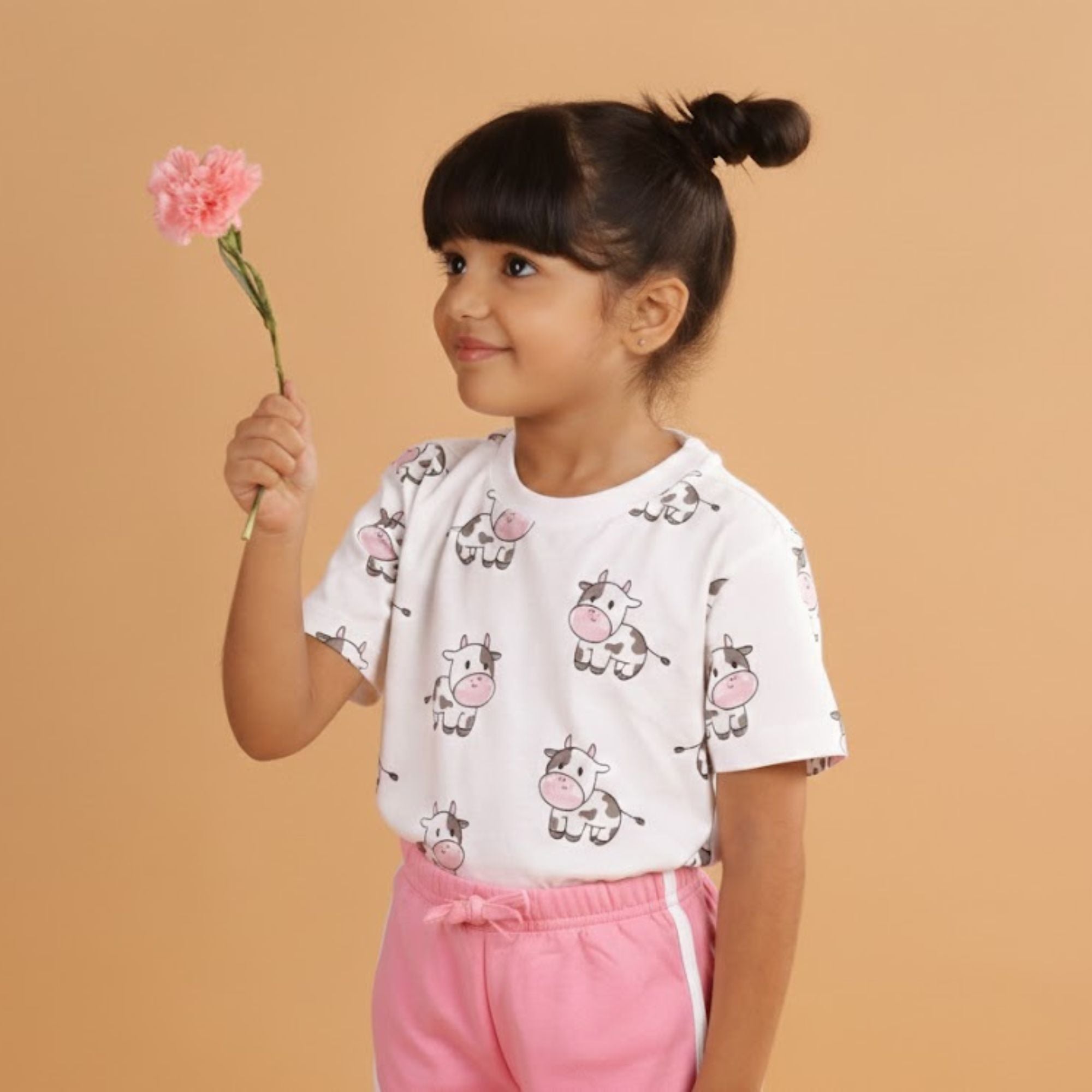 Girl Cow Print Short Sleeve Cotton T-Shirt & Shorts Set