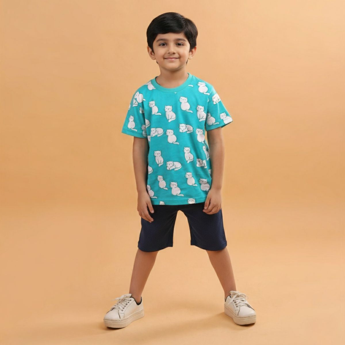 Boy Cat Print Short Sleeve Cotton T-Shirt & Shorts Set