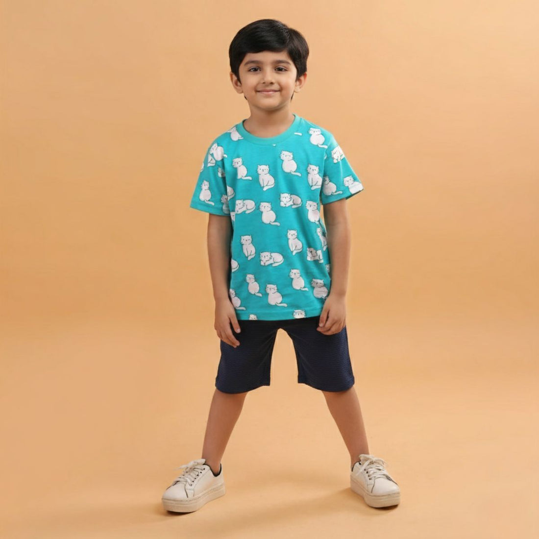 Boy Cat Print Short Sleeve Cotton T-Shirt & Shorts Set