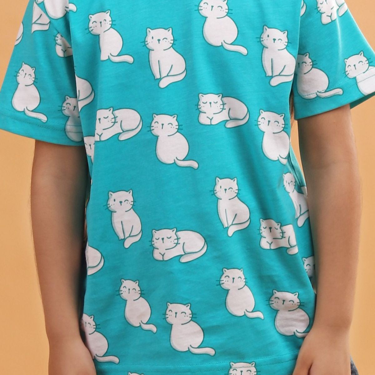 Boy Cat Print Short Sleeve Cotton T-Shirt & Shorts Set