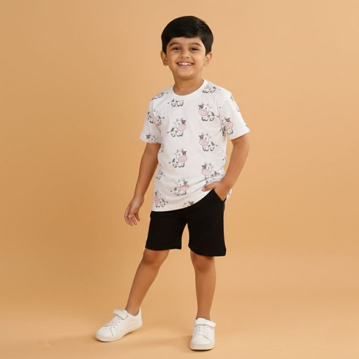Boy Cow Print Short Sleeve Cotton T-Shirt & Shorts Set