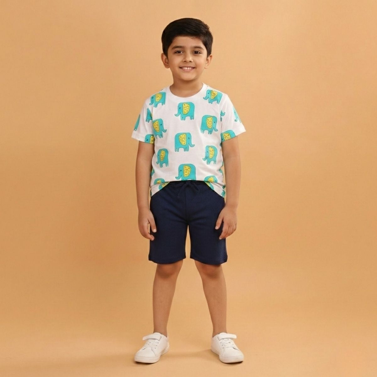 Boy Elephant Print Short Sleeve Cotton T-Shirt & Shorts Set