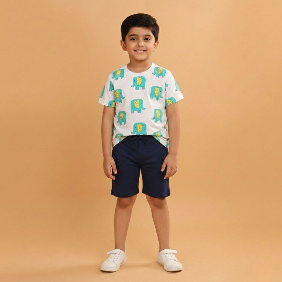 Boy Elephant Print Short Sleeve Cotton T-Shirt & Shorts Set