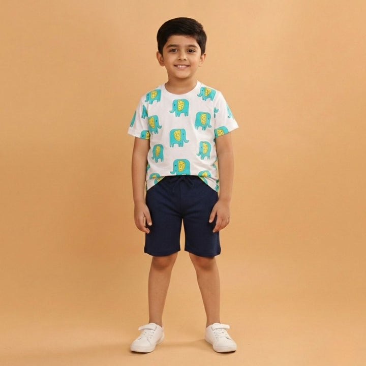 Boy Elephant Print Short Sleeve Cotton T-Shirt & Shorts Set