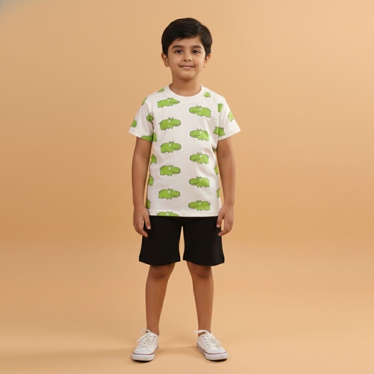 Boy Hippo Print Short Sleeve Cotton T-Shirt & Shorts Set