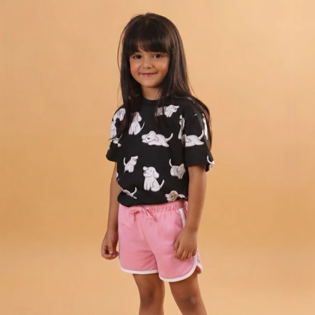 Girl Dog Print Short Sleeve Cotton T-Shirt & Shorts Set