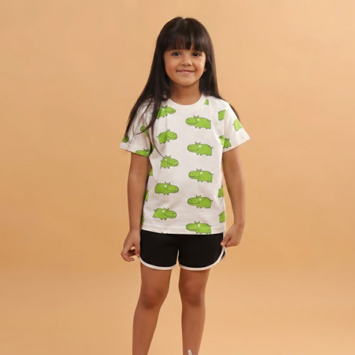 Girl Hippo Print Short Sleeve Cotton T-Shirt & Shorts Set