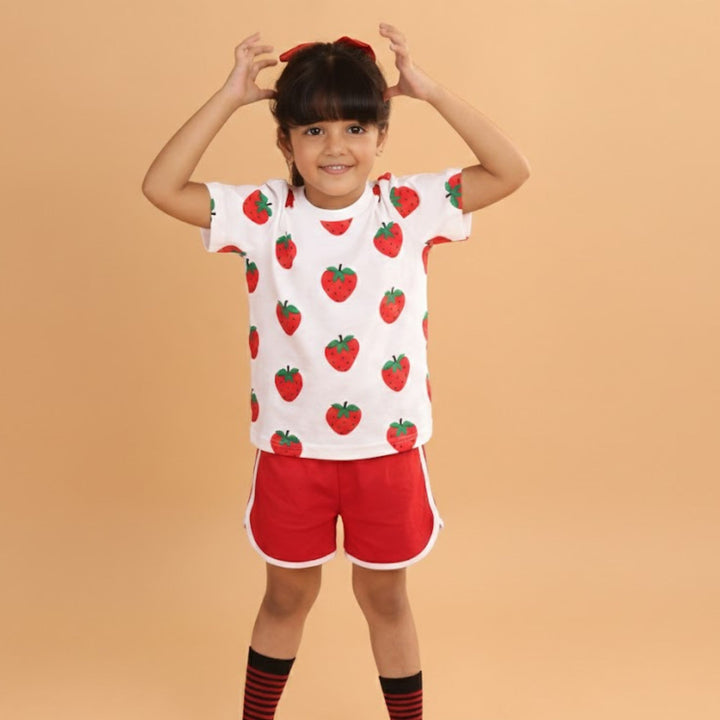 Girl Strawberry Print Short Sleeve Cotton T-Shirt & Shorts Set