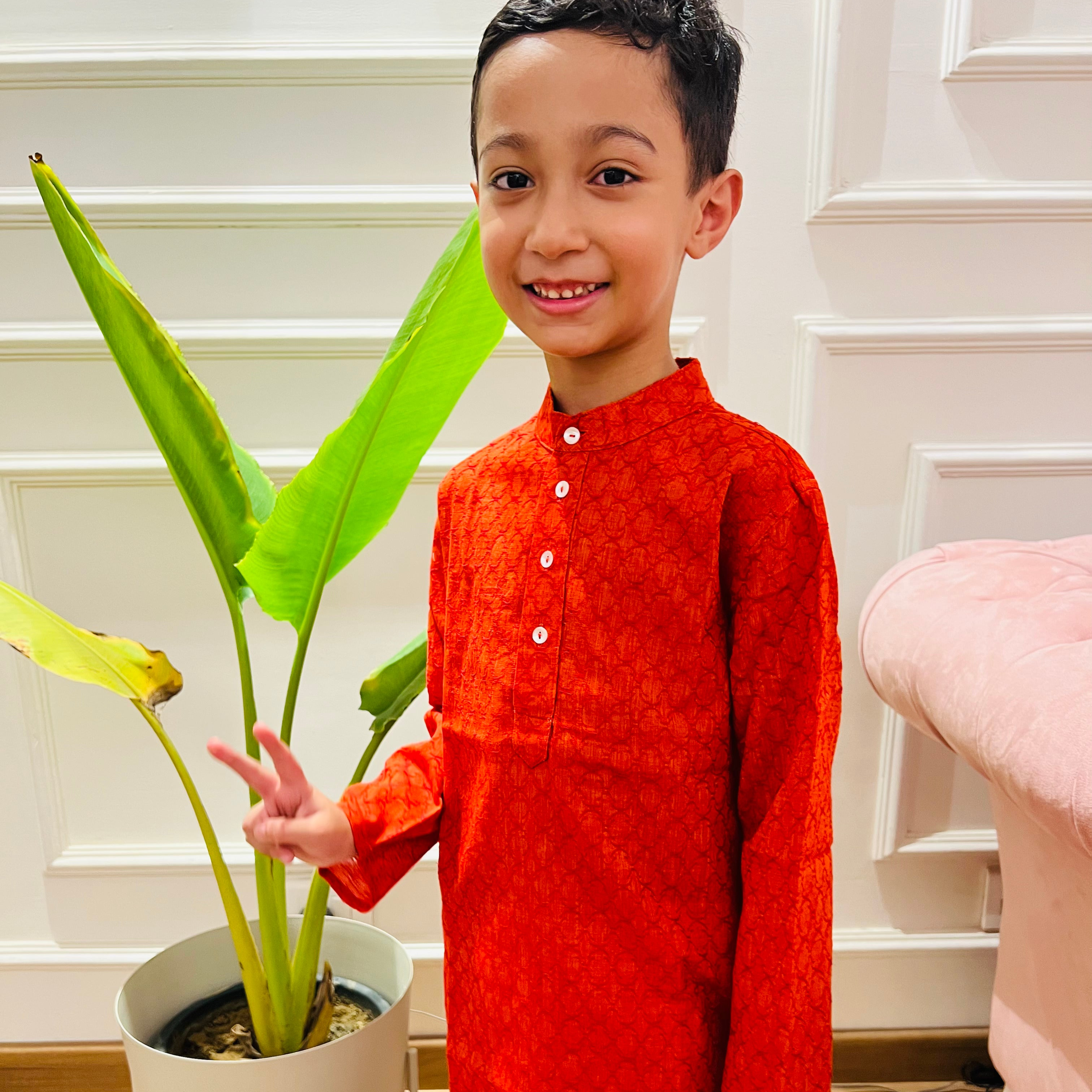 Orange Cotton Dobby Jaal Kurta