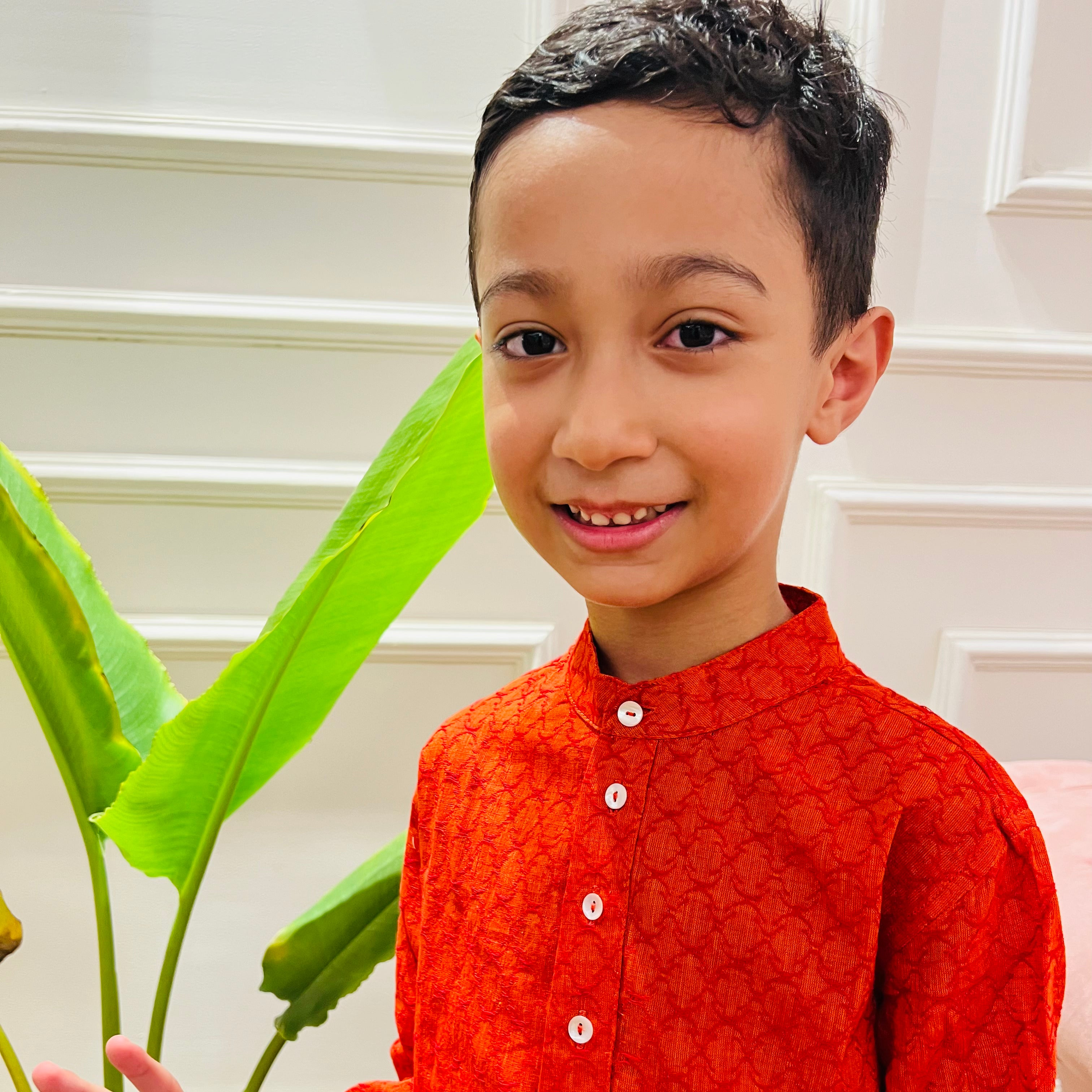 Orange Cotton Dobby Jaal Kurta