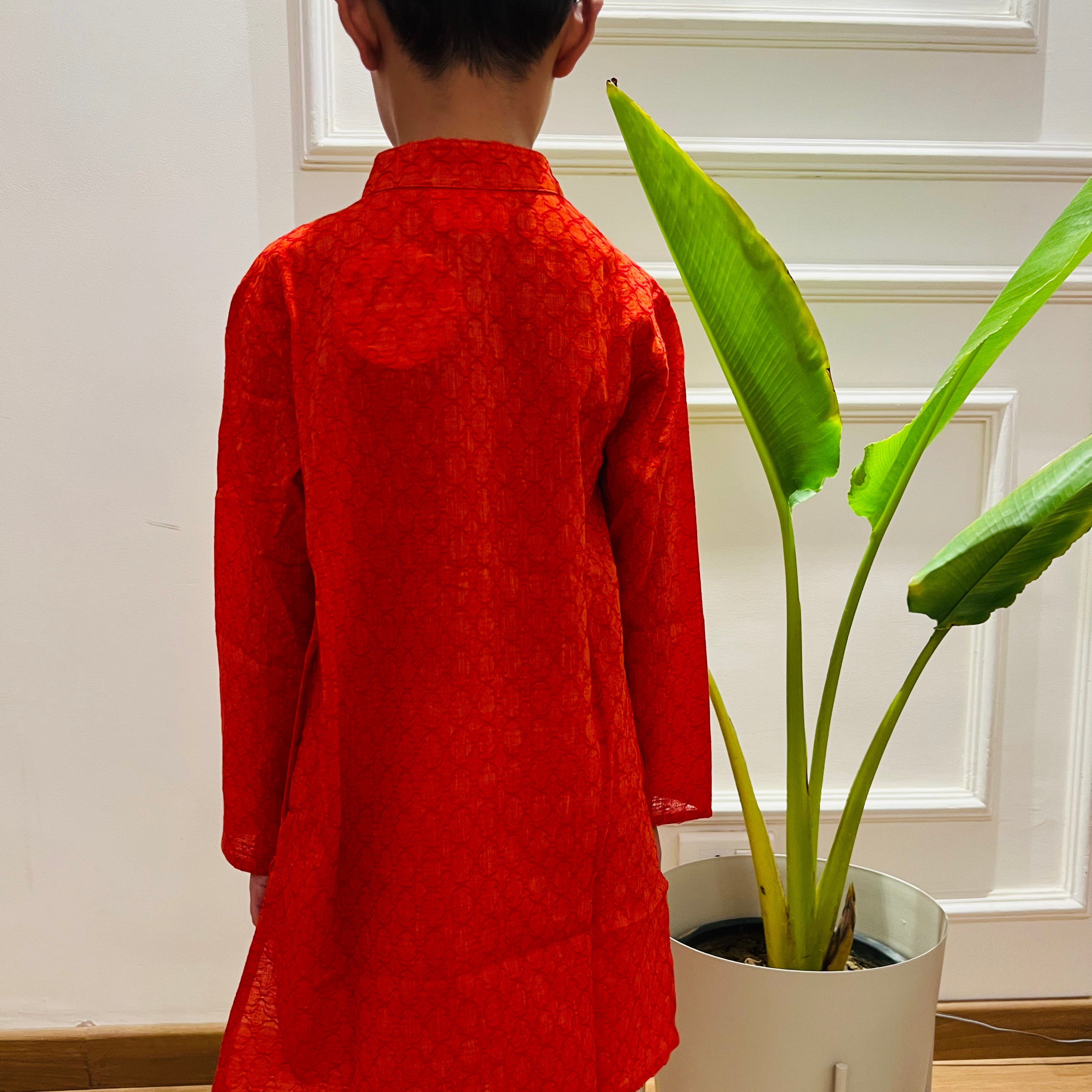 Orange Cotton Dobby Jaal Kurta