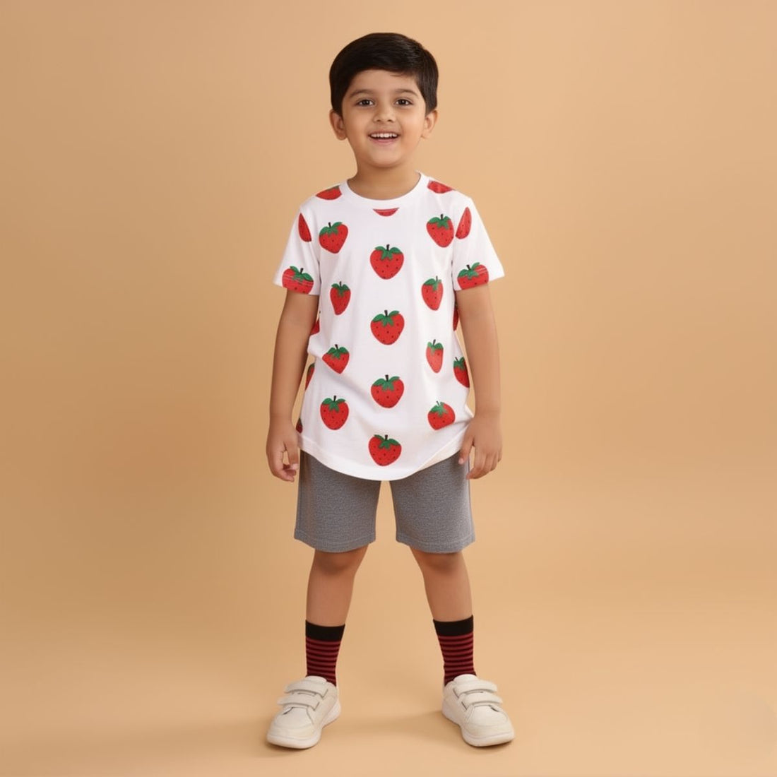 Boy Strawberry Print Short Sleeve Cotton T-Shirt & Shorts Set