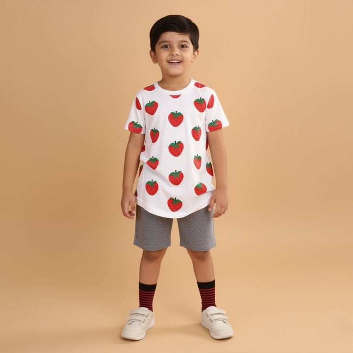 Boy Strawberry Print Short Sleeve Cotton T-Shirt & Shorts Set