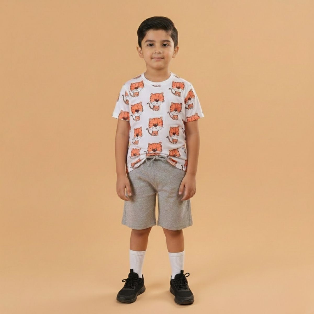 Boy Tiger Print Short Sleeve Cotton T-Shirt & Shorts Set