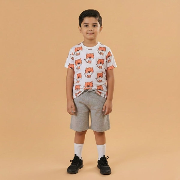 Boy Tiger Print Short Sleeve Cotton T-Shirt & Shorts Set